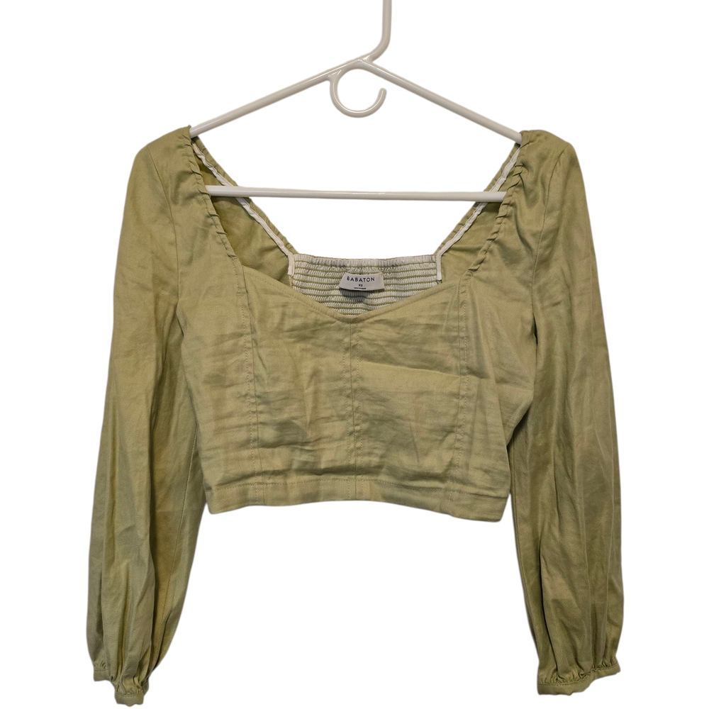 Aritzia Babaton Hadwyn Rare Pistachio Green Crop Top Puff Sleeve Linen Blend XS